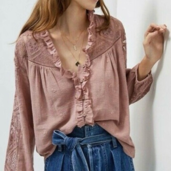 Anthropologie Tops - Anthropologie Stephanie Lace Pink Ruffle Lace Blouse Women's 4 Peasant Boho Top